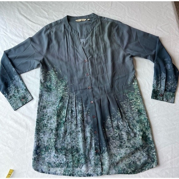 Soft Surroundings Top Womens Gray Green Sheer Roll Tab Sleeve MED Oversized - Picture 5 of 8